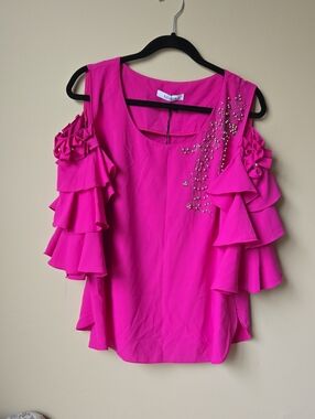 ezra Fuchsia Ruffled Cold-Shoulder Top with Crystal Detail